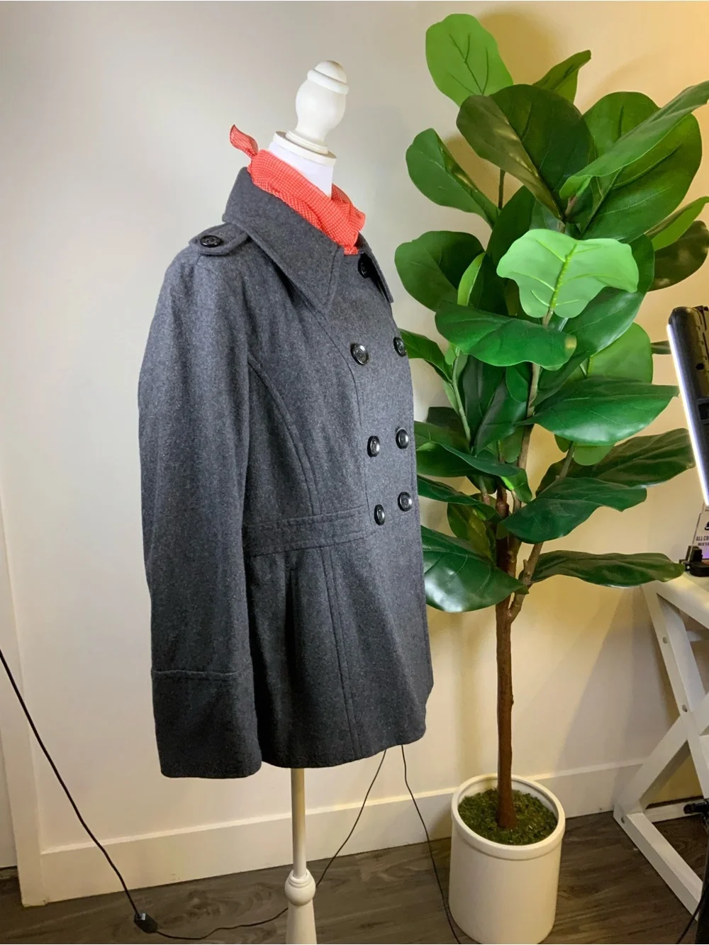 Michael Kors Charcoal Double-Breasted Peacoat with Red Scarf